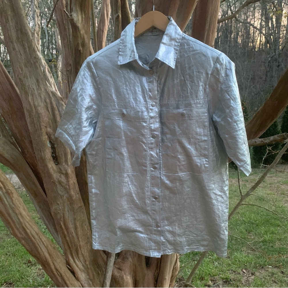 Lanhtropy Metallic Silver Women’s Snap Down Shirt - Picture 4 of 13